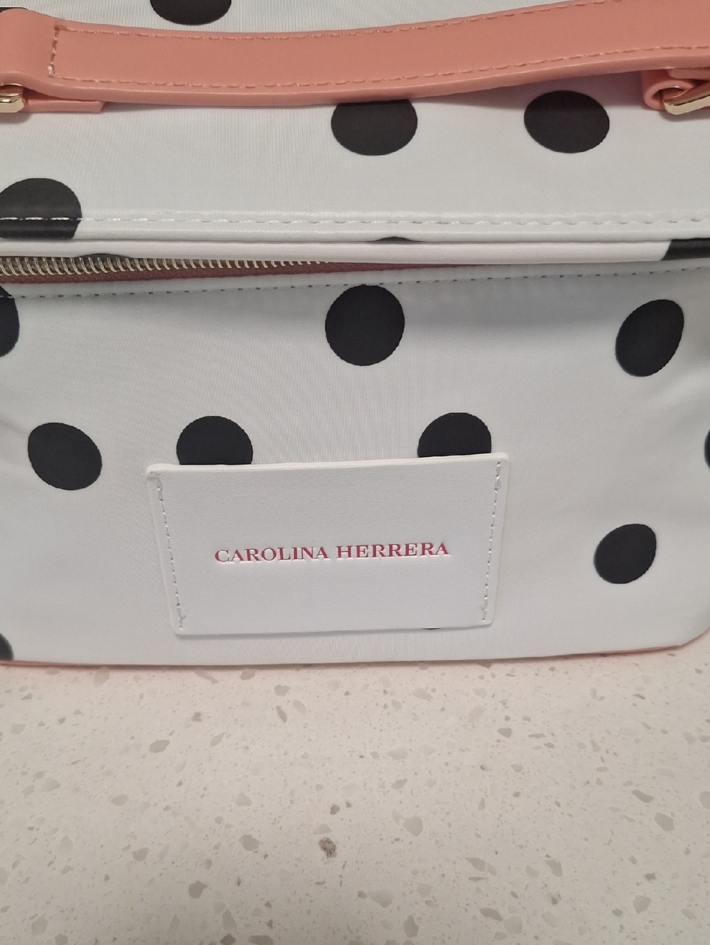 Carolina Herrera White Polka Dot Cosmetic Case with Pink Strap